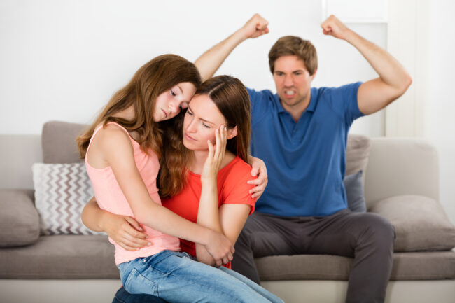 Depressed Mother And Daughter In Front Of Violent Father Sitting On Sofa