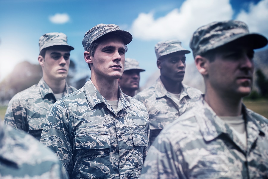 Group of military soldiers standing in boot camp
