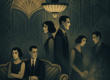 Art Deco–style illustration featuring three emotionally distant couples in a lavish interior with geometric motifs; one couple sits apart on a couch, another stands back-to-back beneath a chandelier, and the third holds hands while subtly dissolving into fragmented shapes.